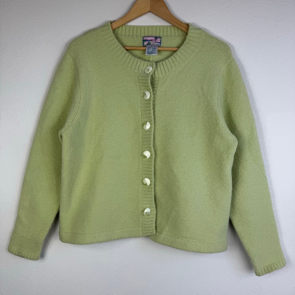 VTG April Cornell Knit Sweater Cardigan Large Green Button Mohair Wool Spring
